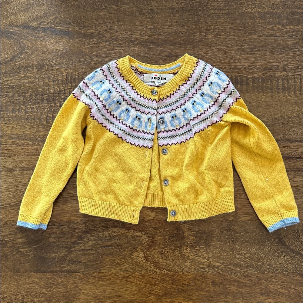 Mini Boden Kids Mustard Wool Cardigan with Blue Birds
